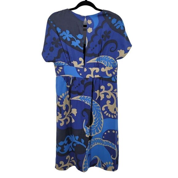Boden Silk Empire Tea Length Dress 10L Blue Paisley Print Short Sleeve Surplice - Picture 2 of 13